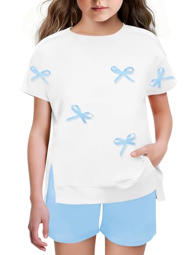Qetobolly Girls 2 Piece Outfits Bow Short Sleeve T-shirts and Elastic Waist Shorts Set Clothes for Teen Girls 12-14 Trendy