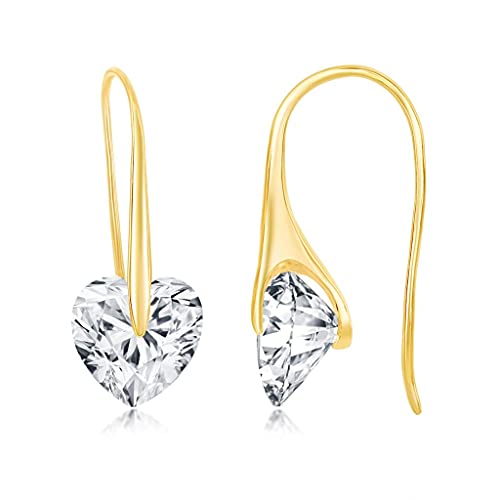 French Wire with Heart Simulated CZ Diamond Earrings Silver/14k Gold/14k Rose Gold Plated Sterling Silver Jewelry for Women
