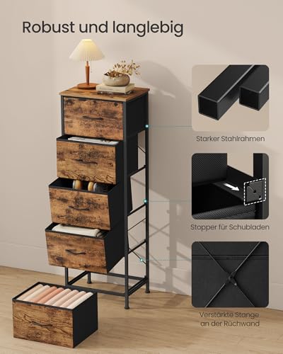 SONGMICS BELLAH Kollektion - Kommode, Schrank, Aufbewahrungsschrank, für Schlafzimmer, Flur, Wohnzimmer, Stahl, 5 Schubladen, Industrie-Stil, vintagebraun-tintenschwarz LGS315BH04