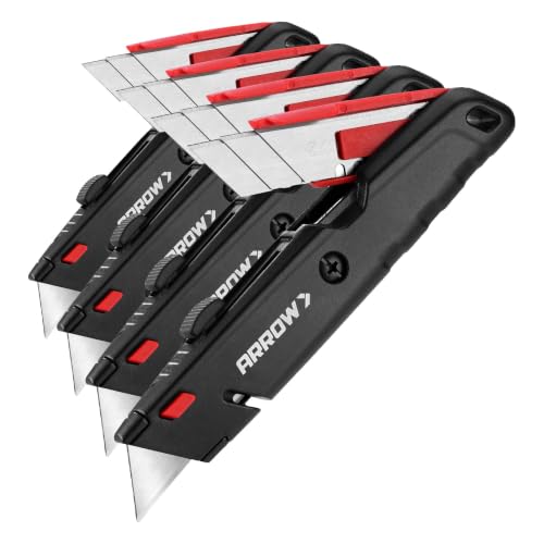 Image of ARROW Retractable Box Cutter, Quick Change Utility Knife with Blade Storage Design, Heavy Duty Aluminum Razor Knife, Twine Cutter, 3 Extra SK2 Blades Included (Pack of 4)
