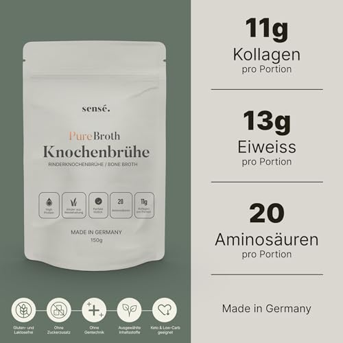 Knochenbrühe Pulver vom Weiderind, aus Deutschland, Bioaktiv, 150g – Kollagen Typ 1,2 & 3 | Unterstützt Gelenke, Darm und Haut | hoher Proteingehalt | Leaky Gut, Keto, Paleo | ohne Salz | Bone Broth