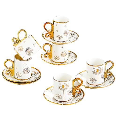 lcvtos Set Tazze da Caffè 6 Pezzi –Tazze Espresso 50ml in Porcellana Bianca con Piattini –Decorazione Dorata –Tazze con Manico Stile Europeo – Servizio Elegante per 6 Persone