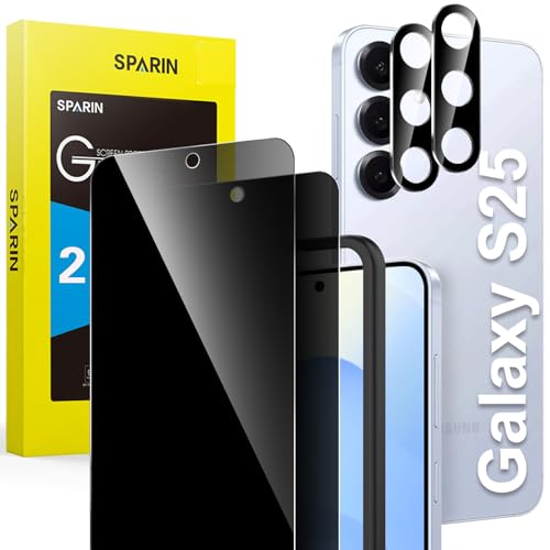 SPARIN Panzer Schutz Glas für Samsung Galaxy S25 Sichtschutz 2 Sichtschutz Schutzfolie und 2 Kameraschutz mit Rahmen Positionierhilfe Fingerabdruck-ID Unterstützen 2+2 Stück 9H Härte