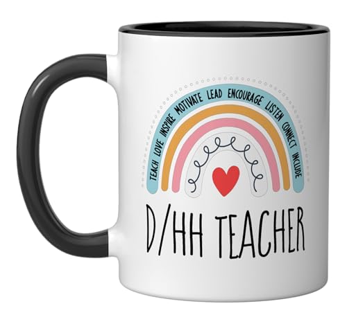 Matching D/HH Teacher Deaf Hard of Hearing ASL SPED School Ceramic Mug, Black/White