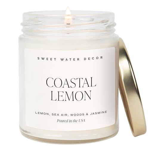 Image of Sweet Water Decor Coastal Lemon Candle, 9oz Clear Jar, Summer Scent | Lemon, Sea Salt & Driftwood Scented Soy Wax Candle, Gold Lid, 40+ Hour Burn Time, Coastal Home Decor, Summer Gift