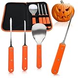 com-four® Juego de 4 piezas para tallar calabaza para Halloween con bolsa de almacenamiento, herramientas de corte de calabaza, herramienta de tallado de acero inoxidable, cuchara y 3 cuchillos de