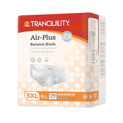 Tranquility Bariatric Disposable Briefs 3X-Large with Peach Mat Core for Dry Skin, Odor Control & Max Comfort, Secure Kufguard Technology, Latex-Free, 34oz Capacity, 32ct Case
