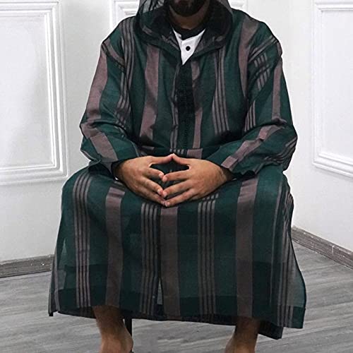 Mens Kaftan Hooded Robe Men Muslim Prayer Dress Red Stripe Gown Thobe Casual Long Shirt for Beach2