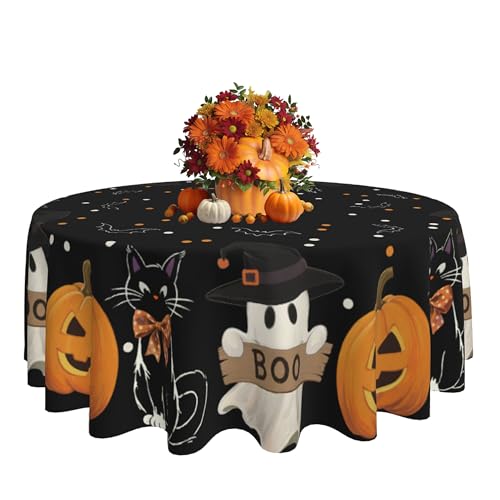 KIYIYZER Round Pumpkin Ghost Cat Tablecloth