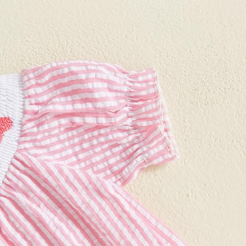 YolanerBaby Toddler Little Baby Girl Easter Bunny Dress Puff Short Sleeve Stripes Smocked Dresses Easter Outfit for Kids (Pink Bunny Floral, 18-24 Months) - Thumbnail 5