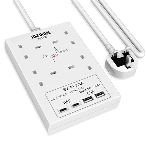 Image of Extension Lead with USB Slots, 4 Way Socket Surge Protection with 4 USB Charger(2C+2A) Multi Plug 2990W Safety Shutter with 1.8M Extension Cord for TV PC Laptops Tablets