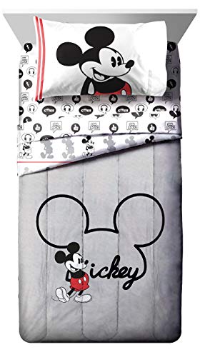Image of Disney Mickey Mouse Twin Comforter Set 4 Piece Cartoon Bedding, Gray | Bed in a Bag, Comforter Sheets Pillowcase, Official Product, Soft Microfiber, Machine Washable, Easy Care, Kids Gift