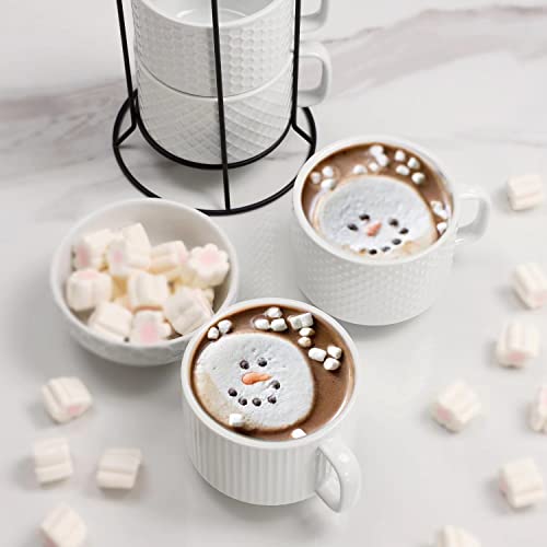 Buyajuju Porcelain Stackable Coffee Mugs Set Of 4 With Metal Stand, 13 Ounce Stackable Different Embossment Coffee Cup Holder For Coffee, Tea, Cocoa, Drinks, White #TOP3