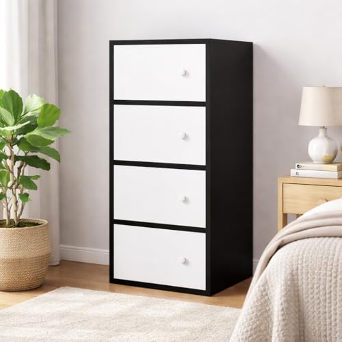 Image of 4-Door Morden Wooden Collapsible Wardrobe for Storage /Space Saving Wooden Wardrobe with Doors /Collpsible Storage Organiser /Living Room - (Black, 4 Layer)