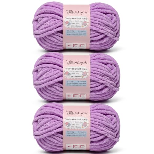 Image of 10.58 oz /147.6 yds Chunky Chenille Yarn for Crocheting, #7 Super Bulky Baby Blanket Yarn for Crocheting Soft, Fluffy Velvet Yarn for Knitting, Amigurumi Crochet Yarn for Crafts (3 Light Purple)