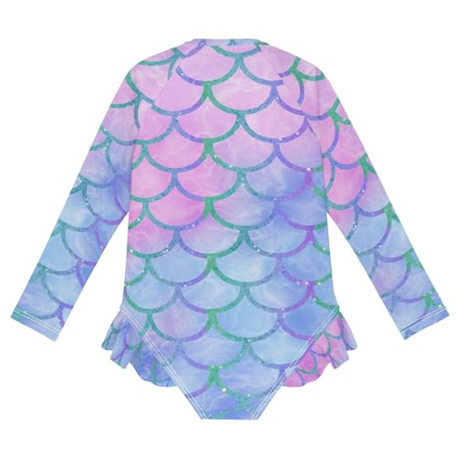 Girls One Piece Swimsuits Long Sleeve Swimsuit Zipper Bathing Suits Blue Mermaid Scales Rainbow Fish Tale2