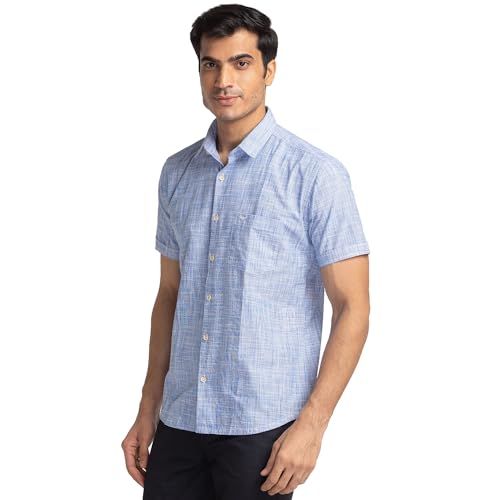 Image of Park Avenue Men's Pure Cotton Chambray Pattern Slim Fit Ainsley Collar Half Sleeve Casual Shirt
