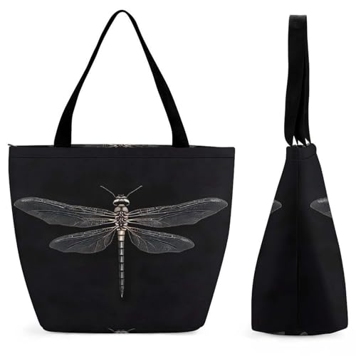 Sac fourre-tout réutilisable noir zippé à motif libellule pour bureau et voyage
