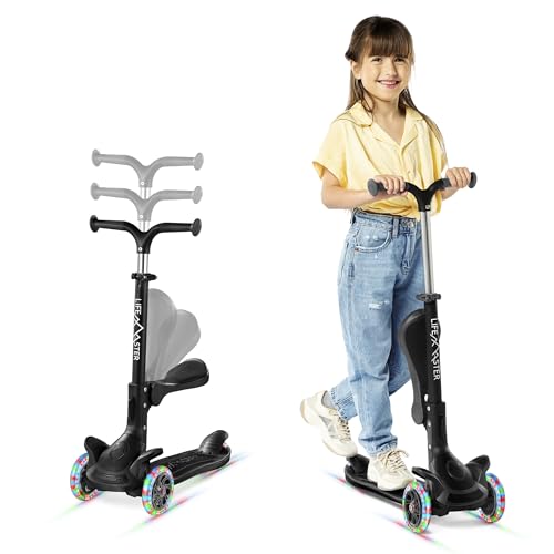 Kids Scooter – Foldable Seat – LED Wheel Lights Illuminate When Rolling – Children and Toddler 3 Wheel Kick Scooter – Adjustable Handlebar – Indoor and Outdoor- Black - by Lifemaster