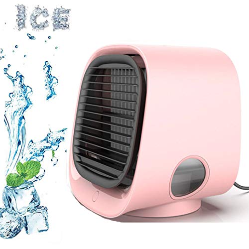 Mini Enfriador de Aire, Aire Acondicionado Portátil, 3 en 1 Mini Ventilador Humidificador, USB Air Cooler con 7 Colores Luces Tanque de agua de 300ml, 3 Velocidades, para Hogar Oficina Acampada,Rosado