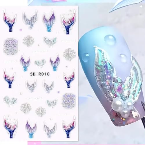 Diowino 97 NAIL STICKERS 5D Blue Mermaid Relief Nail Stickers Back Glue Embossed Mermaid Tail Nail Art Stickers Self Adhesive Shellfish Jellyfish Dreamy Ocean Animal World Design Nail Decals Accessories thumb #5