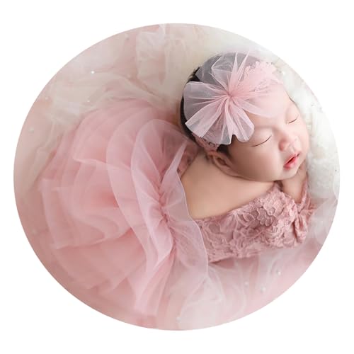 Ederafoto 2 Pcs Newborn Photography Outfits Props Baby Girls Photoshoots Lace Rompers Photo Posing with Headband (Pink)