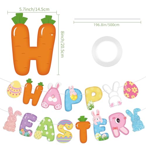 Image of Happy Easter Banner Bunny Party Decor Easter Garland with Eggs Chick Carrot Signs for Spring Party Classroom Home Wall Decor Birthday Baby Shower Party Decoration Supplies