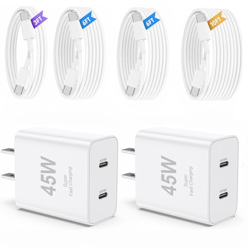 Image of iPhone 17 16 15 Pro Max Charger Fast Charging,45W Dual Port USB C Fast Charger Block [2-Pack] & Extra Long 60W 3 /6 /6 /10FT USB C Cable - PD Quick Adapter 3.0 for iPhone 16 15 17 /16 15 17