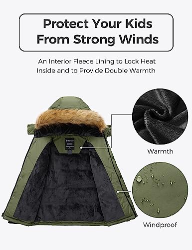 Wantdo Little Kids Boy's Waterproof Winter Coat Breathable Puffer Jacket Soft Outerwear Fur Hood Army Green 8 #TOP4