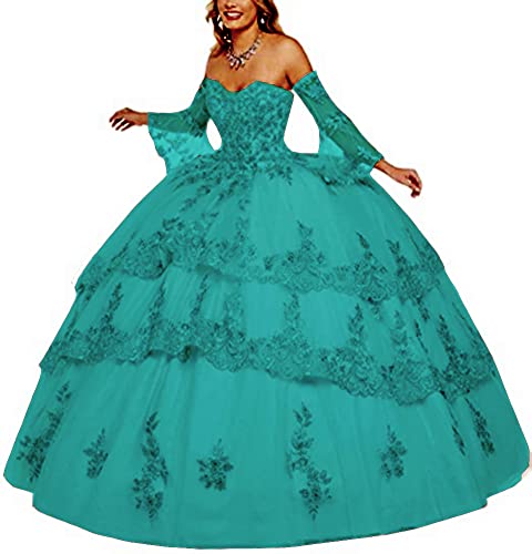 Robe de Quinceanera manche longue dentelle turquoise grande taille