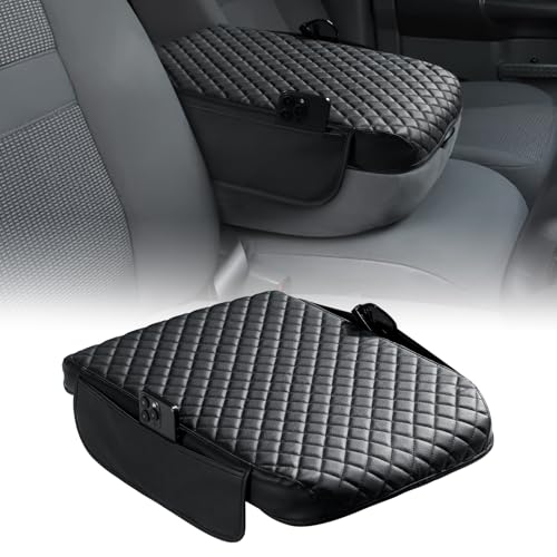 JOYTUTUS Center Console Cover Compatible with 2002-2012 Ram 1500 2500 3500 Jump Seat Console, Leather Arm Rest Armrest Cover for Car, Middle Console Cover Car Arm Rest Cover Replacement, with 2 Pocket