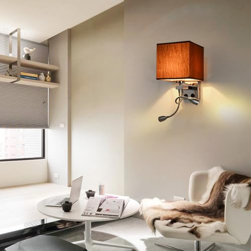 Aplique de pared LED marrón café con dos interruptores independientes y luz cálida de lectura
