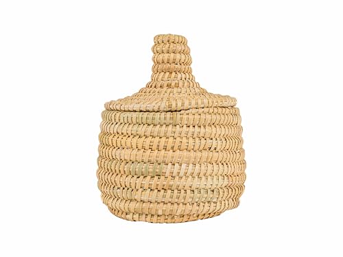 Caja Cesta Decorativa Marroquí con Tapa, Tejido de Fibra Natural, 15 cm, Artesanal