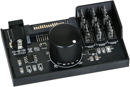 12V 4-Pin PWM Fan Controller 6 PC Fans Supported, Fan Speed Adapter Hub for Fans Cooling, Adjustable Speed Knob, SATA & DC Dual Power Input, 60W 5A Output Max
