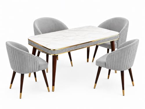 Image of WOODEN SPACE Majestic 4 Seater Wooden Dining Table Set | Urban Marble Top Dining Table with Chairs for Dining Room & Kitchen (Majestic Classic Backline Light Grey) (54 x 36 x 30 inch)