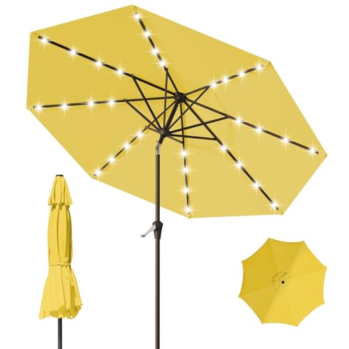 Image of 9FT Patio Umbrella with Solar Lights,Outdoor Market Umbrella with Tilt and Crank, LED Lighted Table Umbrella for Garden,Deck,Backyard,Pool,Beach (Yellow)