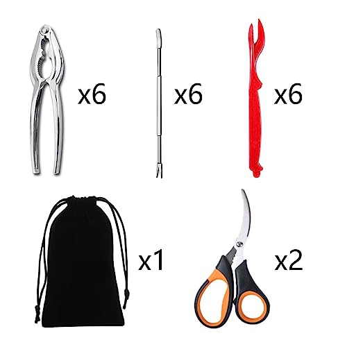 Artcome 21 Piece Seafood Tools Set - 6 Crab Crackers, 6 Lobster Shellers, 6 Crab Forks, 2 Seafood Scissors and 1 Storage Bag