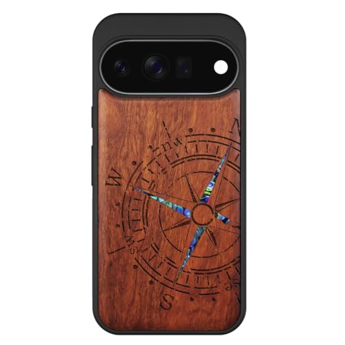 Coque pour Pixel 11 en bois de rosé gravé boussole avec protection magnétique luxe