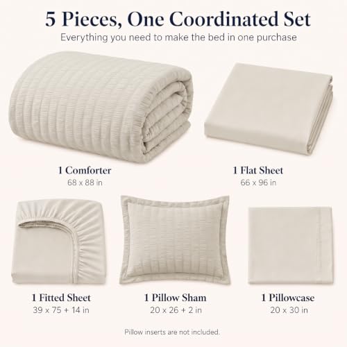Image of CozyLux Twin Comforter Set, 5 Pieces Beige Seersucker Bed in a Bag