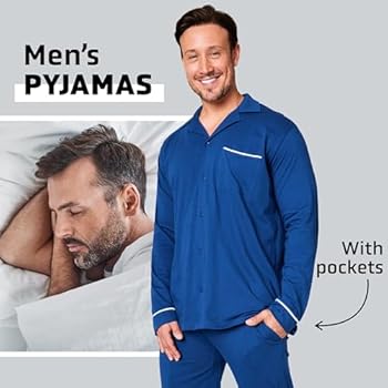 Reliwel Heren Lange Overhemdpyjama Katoenen V-hals Tweedelige Pyjamaset Shirt met Lange Mouwen en Pyjamabroek Loungewear Heren Nachtkleding Huispak