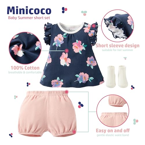 Baby Girl Short Sets 0-24 Months,3-Piece Short-Sleeve Dress, Shorts & Socks,Soft Cotton, Breathable Summer Outfits2
