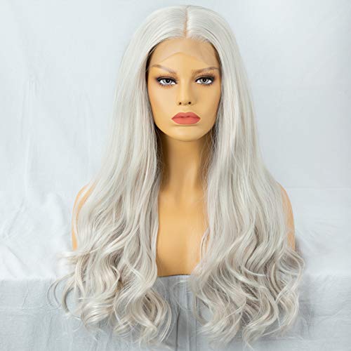 Everystyle 13×6 Lace Front Wigs Platinum Blonde Fiber Natural Long Synthetic Wig Wavy for Women Free Part 24inch