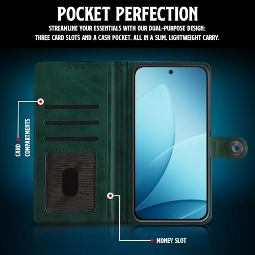 Image of WOW IMAGINE Shock Proof Flip Cover Back Case for Oppo F33 Pro 5G (Magnetic Button Flip Case | Wallet Pockets & Stand | Leather Finish | Forest Green)