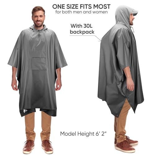 Image of PTEROMY Reusable Rain Poncho, Waterproof Lightweight Unisex Hooded Raincoat for Outdoor Hiking Camping Fishing, Grey, One Size