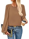 PRETTYGARDEN Womens Tops 2025 Spring Puff Long Sleeve Chiffon Work Blouses Dressy Casual Crewneck Flowy Shirts Fall Outfits(Camel,Large)