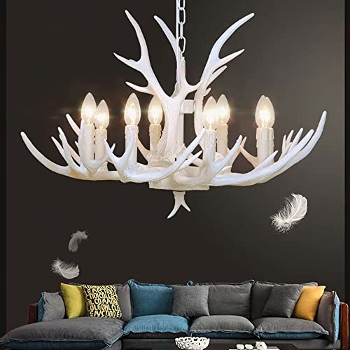 Lustre bois de cerf blanc style rustique et chic à 8 lampes pour salon chaleureux