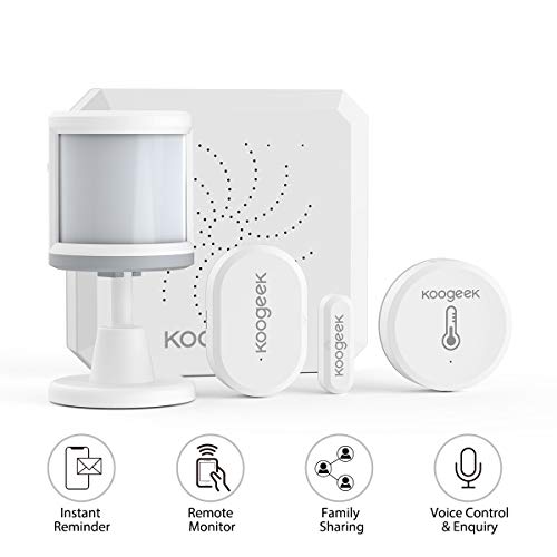 Koogeek Home Security System Wireless WiFi Zigbee Alarm Kit, 24/7 Monitoring-No Monthly Fee, Alexa/Google Assistant, App Control with Gateway/PIR Sensor/Door Sensor/Temperature and Humidity Sensor