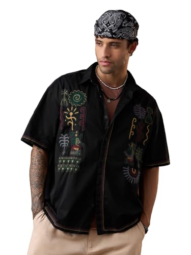 Image of The Souled Store Nomad: Tribe Men and Boys Short Sleeve Cuban Collar Black Embroidered Casual Drop Shoulder Trendy Streetwear Lightweight Cotton Oversized Shirt
