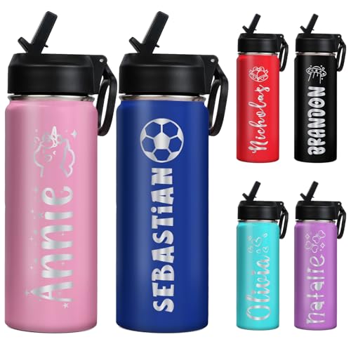 Ships from USA Back to School Personalized Custom Kids Water Bottle Engraved With Name Custom Insulated Stainless Steel Sports Bottle with Straw Lid Personalized Christmas Birthday Gift for Boys Girls