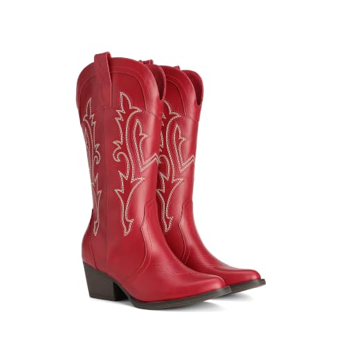 Image of DREAM PAIRS Women's Cowboy Cowgirl Boots Embroidered Pointed Toe Low Heel Western Mid Calf Boot for Theme Party Country Concert